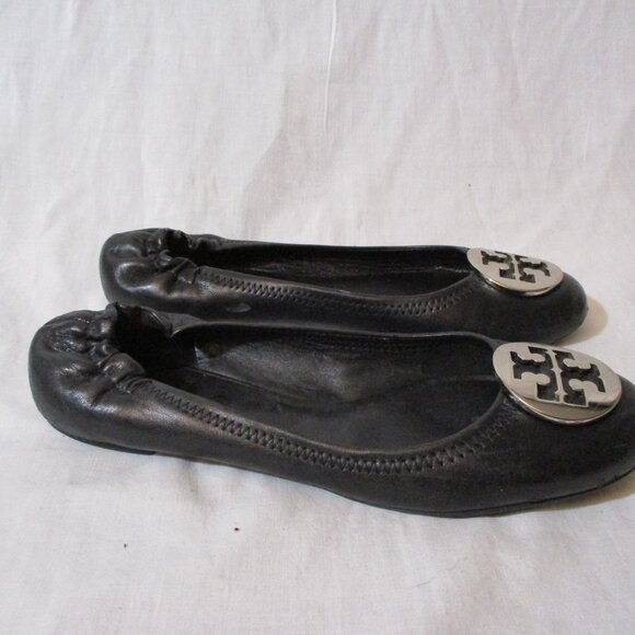 Womens TORY BURCH REVA Leather Ballet Flats Slip On Shoes 7.5 BLACK Signature - Picture 3 of 8